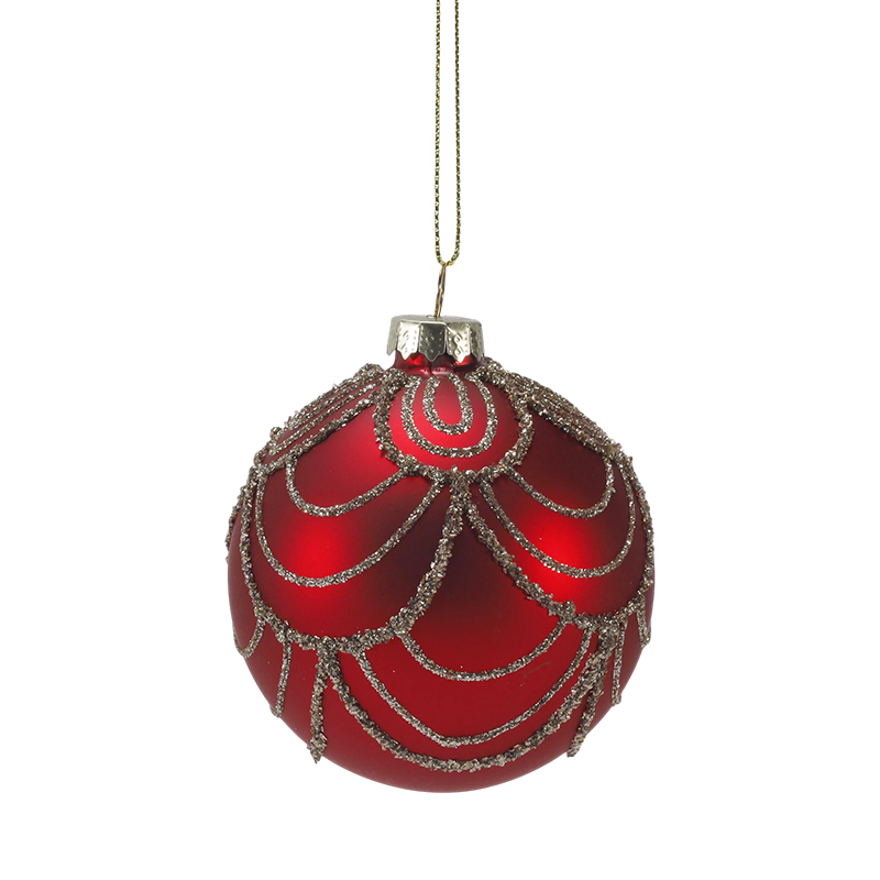 8 cm röd matt julglaskula Bauble med guldglittervirvlar