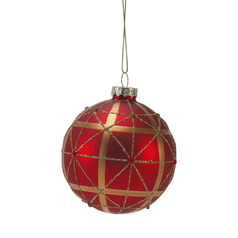 8 cm röd matt julglaskula Bauble med guldglittervirvlar