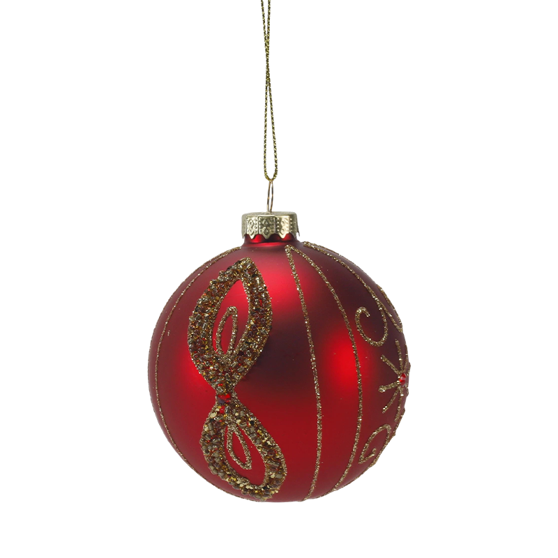 8 cm röd matt julglaskula Bauble med guldglittervirvlar