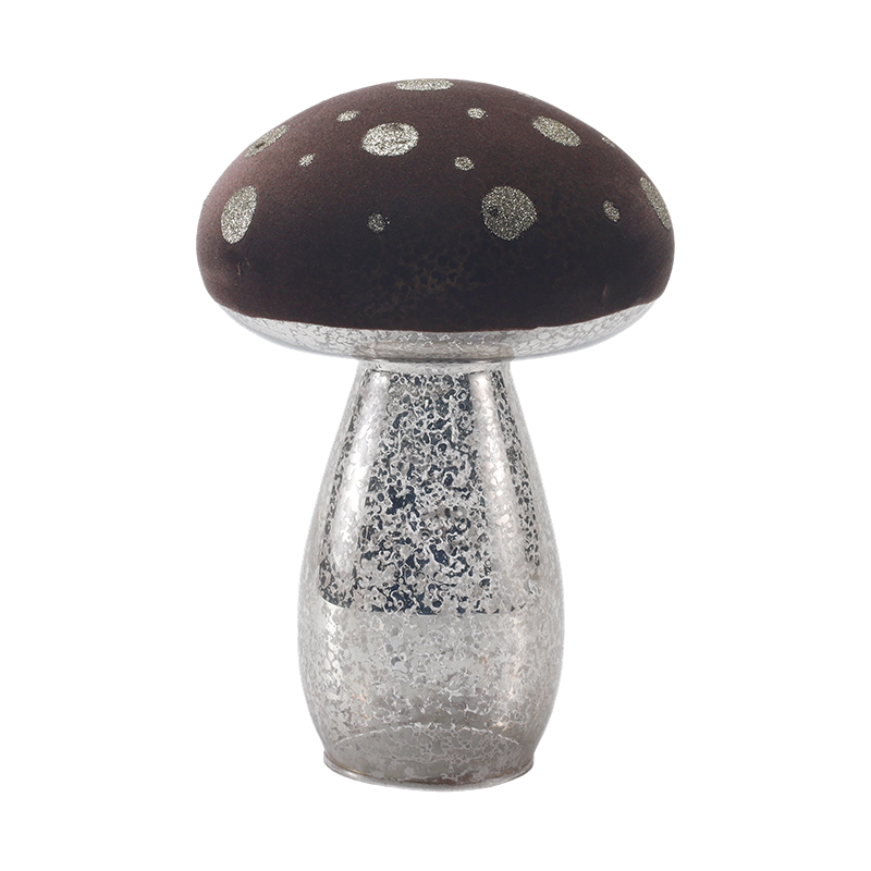 Handgjord brun frostad glas-/sammetsprydnad svampprydnad med silverglitterfläckar med led-dekoration