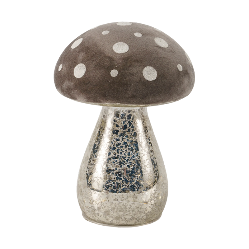 Handgjord brun frostad glas-/sammetsprydnad svampprydnad med silverglitterfläckar med led-dekoration