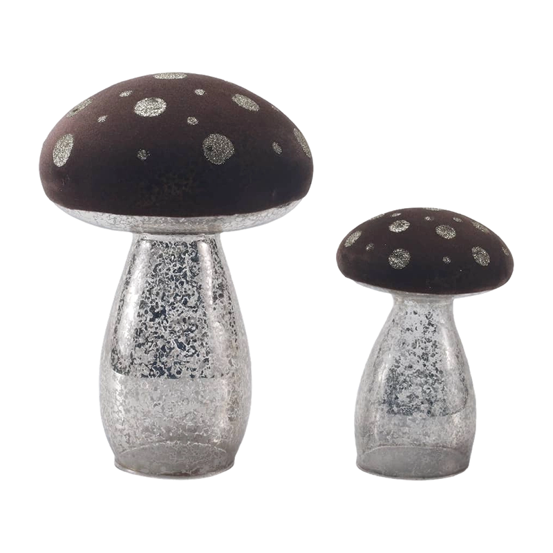 Handgjord brun frostad glas-/sammetsprydnad svampprydnad med silverglitterfläckar med led-dekoration