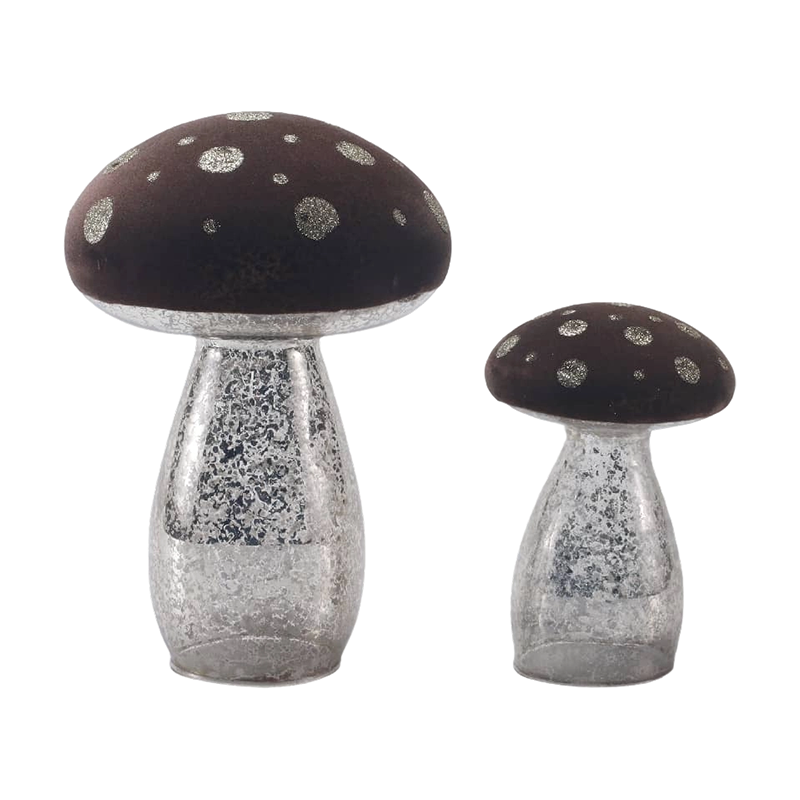 Handgjord brun frostad glas-/sammetsprydnad svampprydnad med silverglitterfläckar med led-dekoration